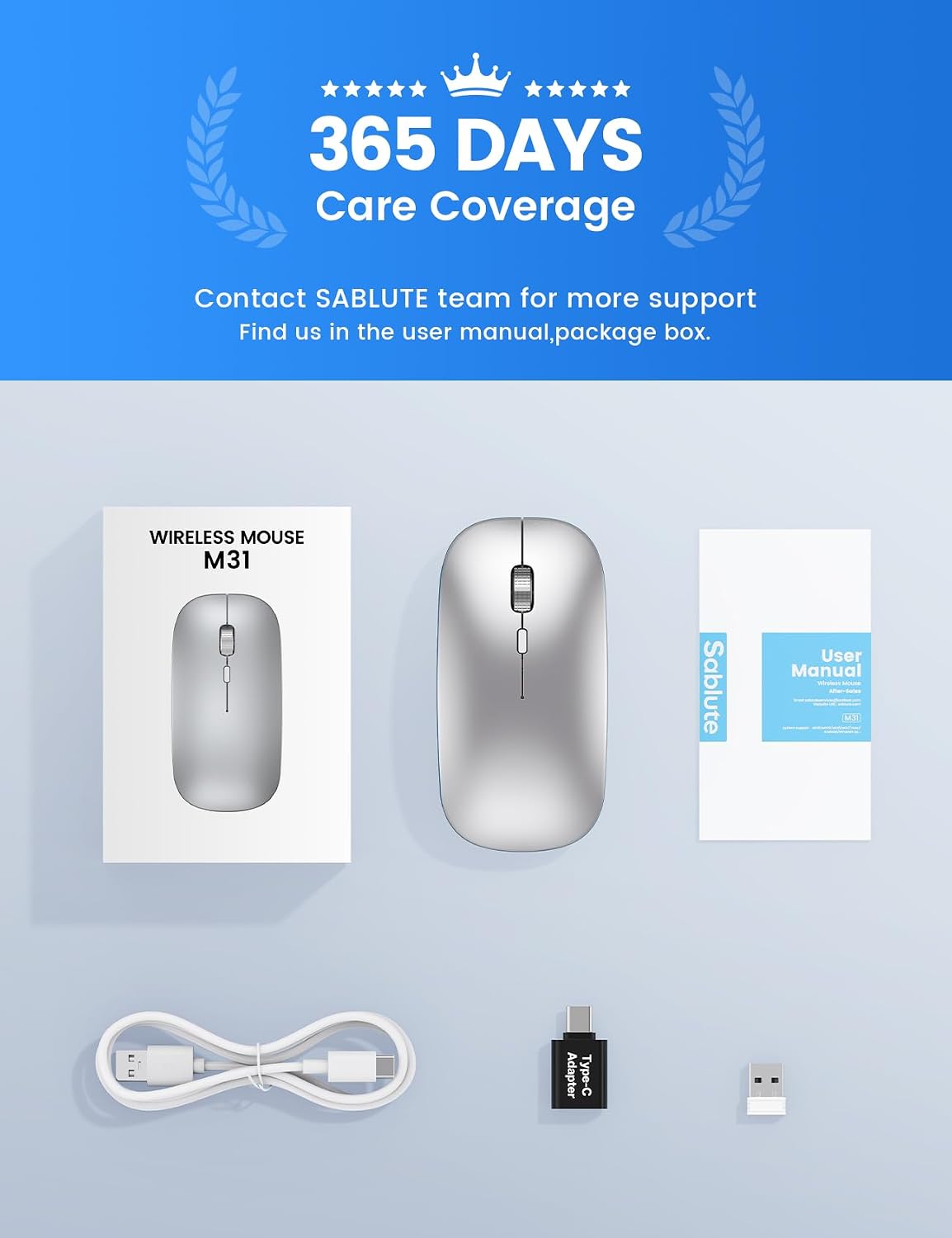 SABLUTE M31 3 5.2 2.4G), Bluetooth Mouse for MacBook Pro/Air, iPad - Rechargeable Tri-Mode Wireless Mouse for Devices