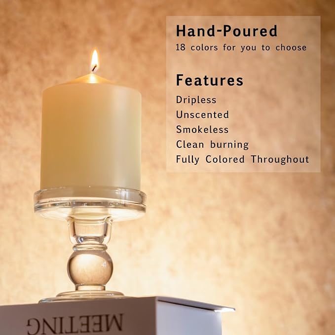 MOZEAL 3" x 4" Hand-Poured Unscented Ivory Pillar Candles,Dripless Candles Set of 3,Smokeless,Clean Burning,Approx 60 Hours Burn Time,Wedding,Dinner,Christmas and Home Decor（3 Inch Width Series）