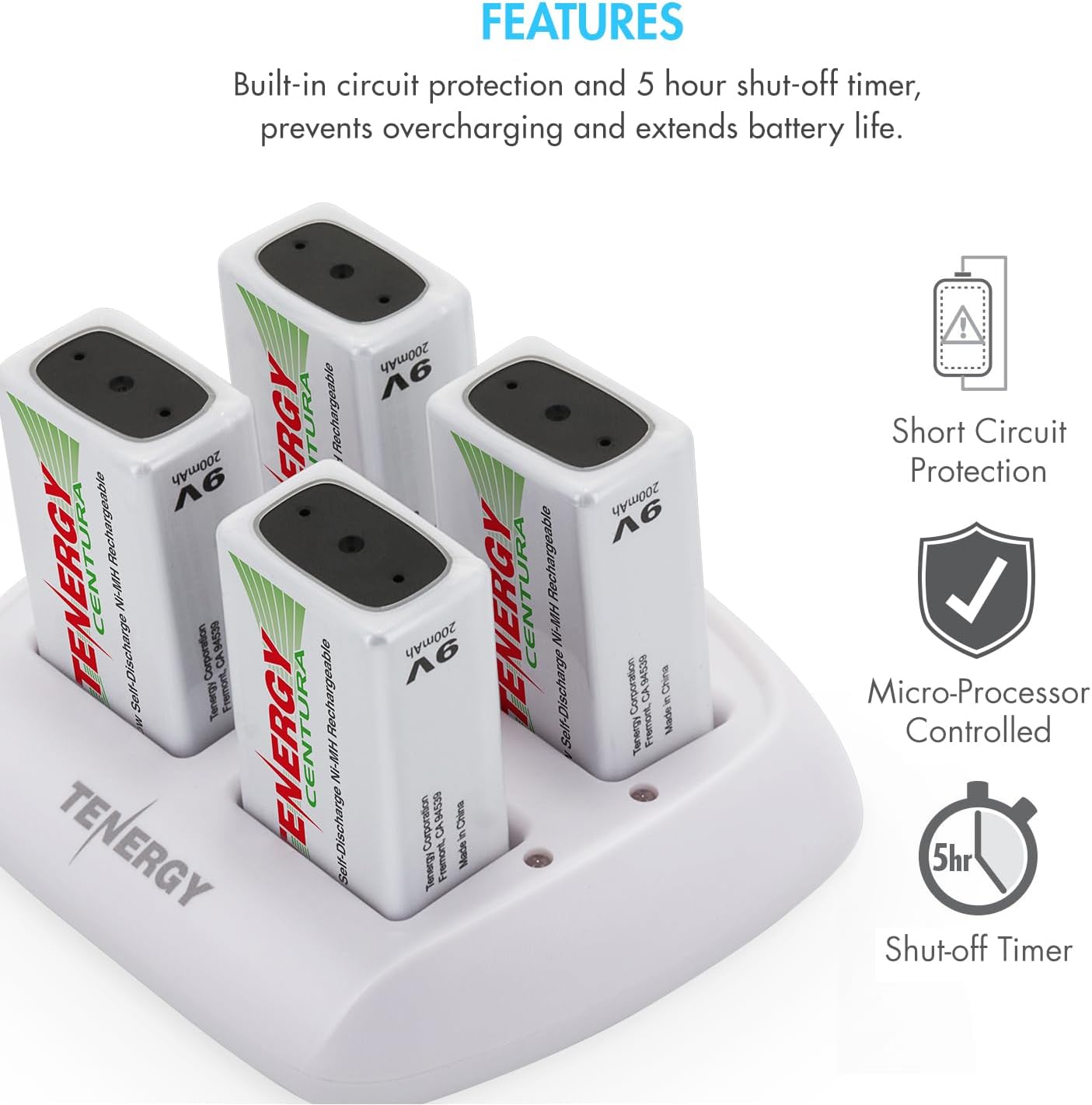 Tenergy TN136 9V 4-Bay 9 Smart Battery Charger for Rechargeable NiMH Volt Batteries
