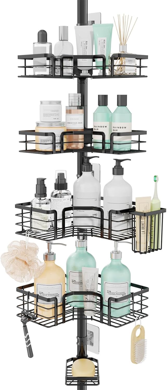 SWTYMIKI Shower Caddy Tension Pole - 4-Tier Adjustable Bathroom Organizer with Soap Holder & Hooks | Black 27.6-108.3 Inch