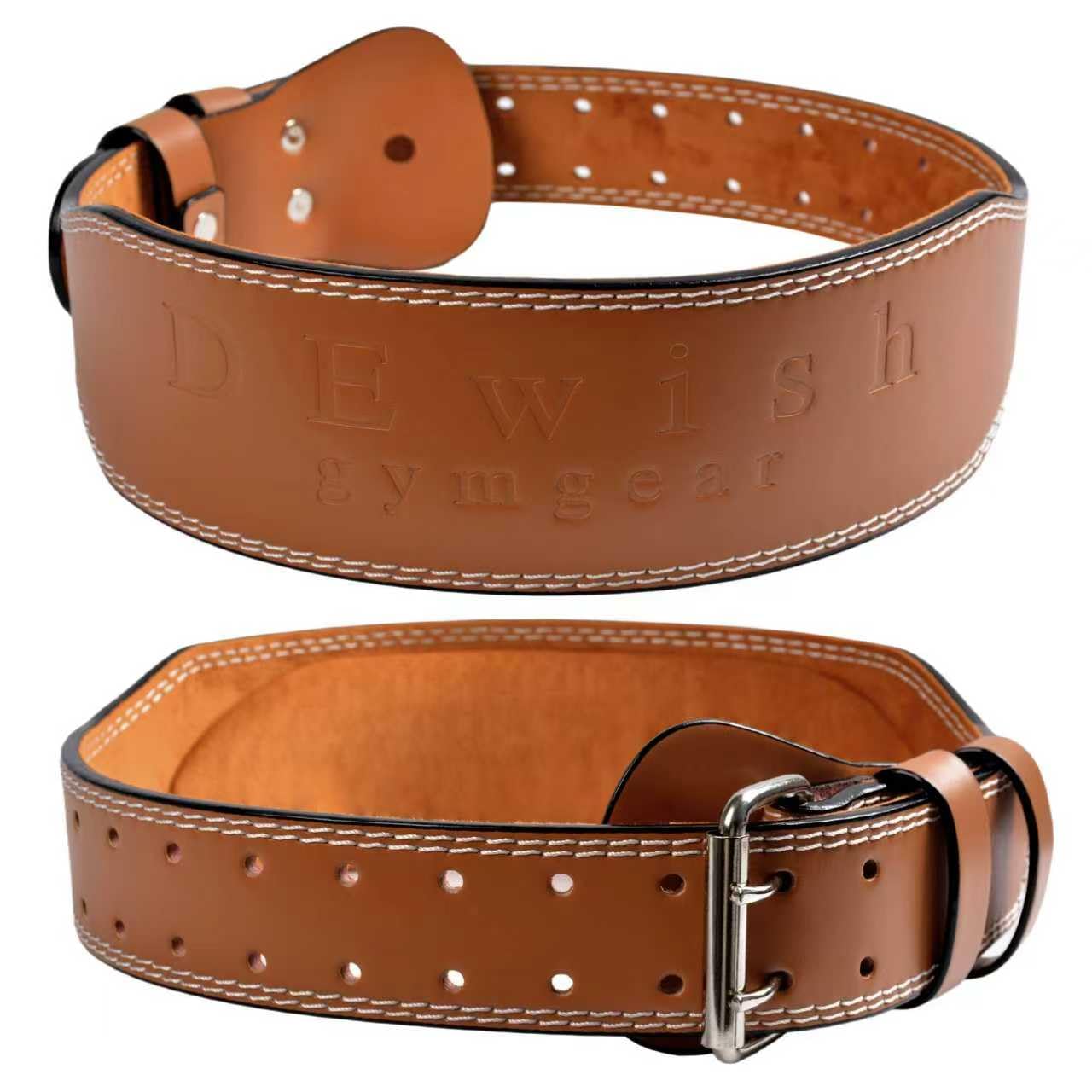Leather Gym Fitness Belt, 4" & 6" Padded Lumbar Back Support, 10 Adjustable Holes for Weightlifting Powerlifting Bodybuilding Deadlift Squat Workout Strength Training (4-Inch, Brown, 28"-32")