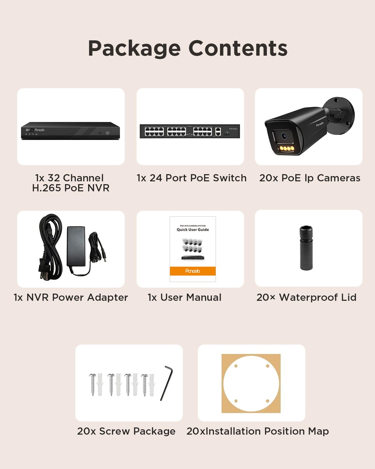 PANOOB 32 Channel Security Camera System, 20pcs 5MP PoE IP Bullet Camera, Smart Color Night Vision, 2 Way Audio Talking, AI Human Vehicle Detection, Remote Access, 4K 32CH NVR 8TB HDD, PB65B2032-5MD