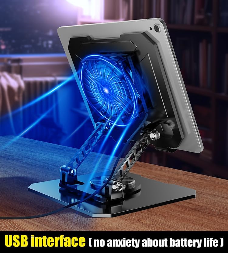 Mikirini 360 13 12 11 5 4 3 Rotating Tablet Desk Stand Holder with USB CoolerCarbon Steel Frame Dual Rod Mount Support