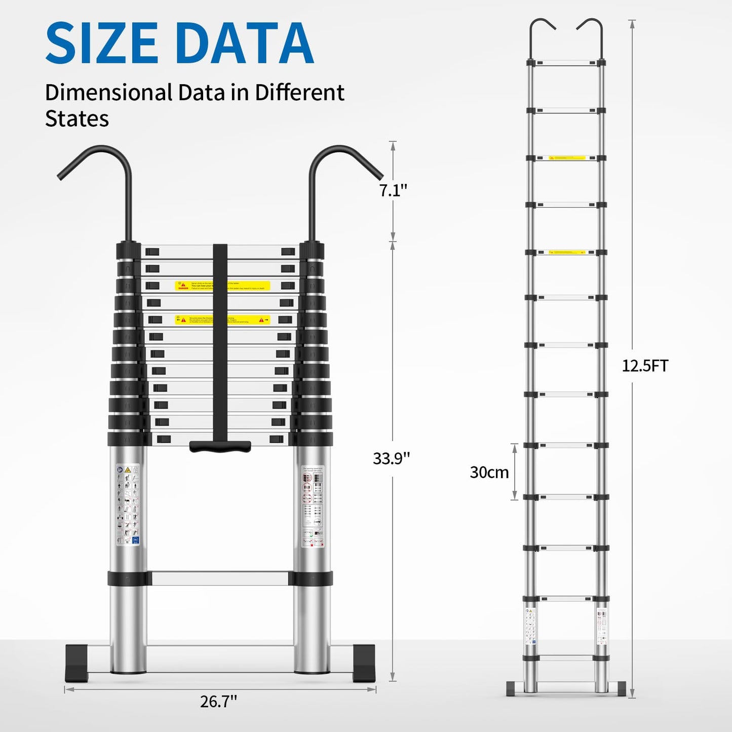 Telescoping Ladder,12.5FT Extension Ladder, Heavy Duty 330lbs Max Capacity, Multi-Purpose Collapsible Ladder with Stable Hook and Balancing Bar for RV or Outdoor Work