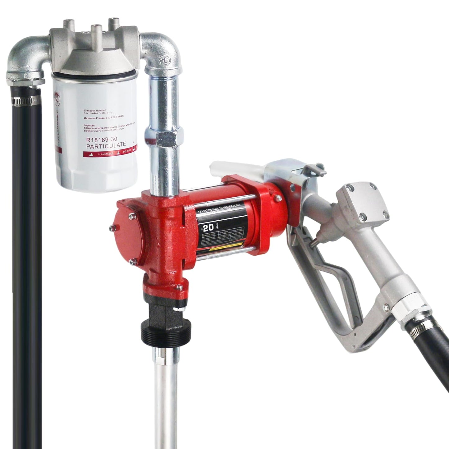 12V DC 20GPM Fuel Transfer Pump with Manual Nozzle & Hose Kit for Gasoline Diesel with Particulate Filter Red