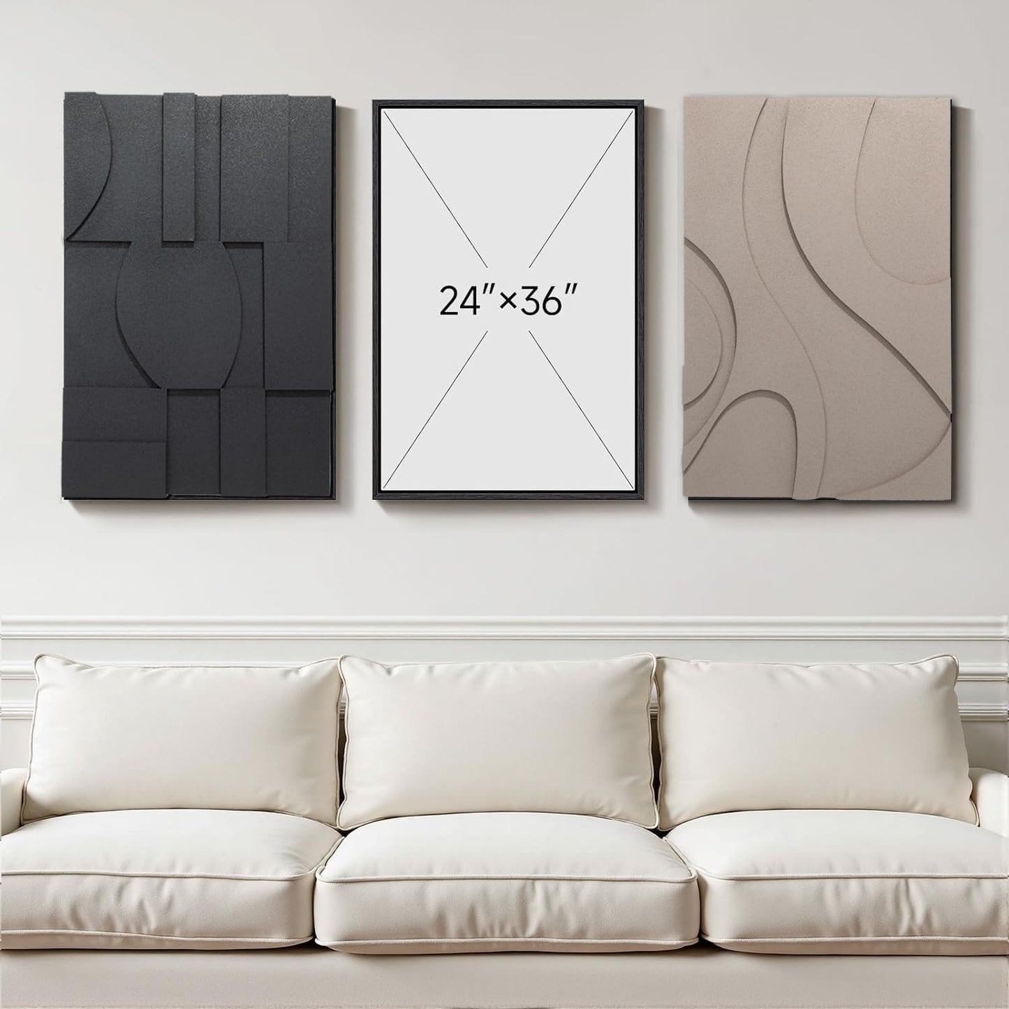 OIUYTOH 3D Textured Abstract Wall Art - Modern Black & Beige Geometric Design | 24x36 Inch Decor for Living Room, Dining Room, Bedroom, Office