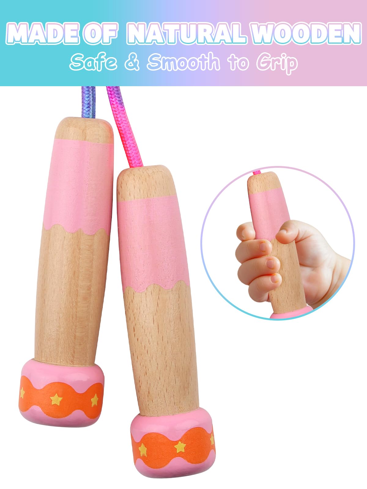 Jump Rope for Kids Adjustable, Lorvain Rainbow Skipping Rope, Kids Jump Ropes with Wooden Handle for Girls Boys, Weighted Jumping Ropes for Fitness Workout Exercise Outdoor Fun Activity（Pink)