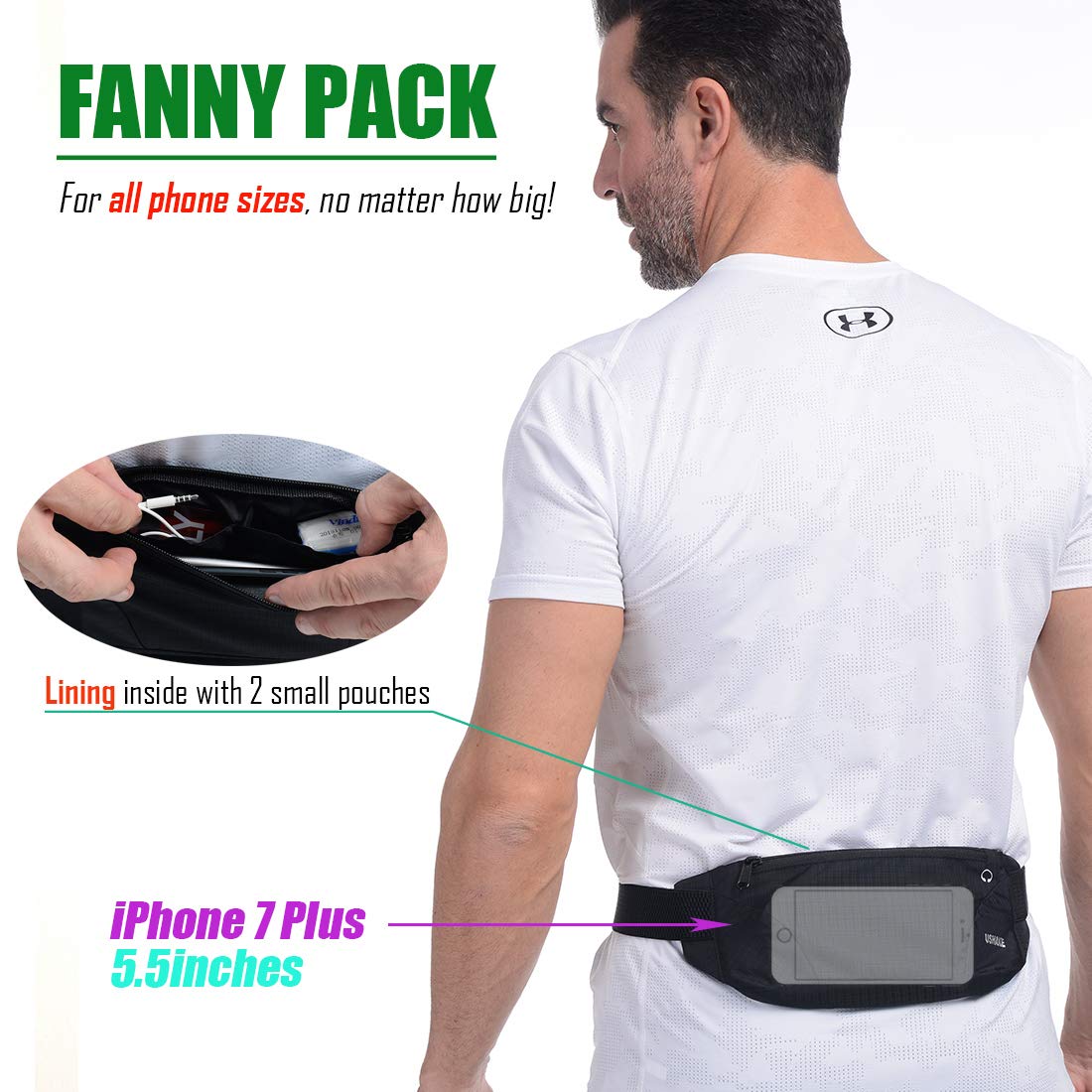 USHAKE Running Belt,Men or Women Ultra Light Bounce Free Waist Pouch Bag Fitness Workout Belt Sport Waist Pack Exercise Waist Bag for iPhone Samsung LG in Running Gym Marathon (BLACK)