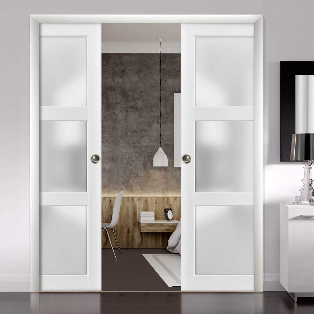SARTODOORS Lite Slab Barn Door Panel | Lucia 2552 White Silk with Opaque Glass | Sturdy Finished Wooden Modern Doors | Pocket Closet Sliding -18" x 84"-Frosted Glass