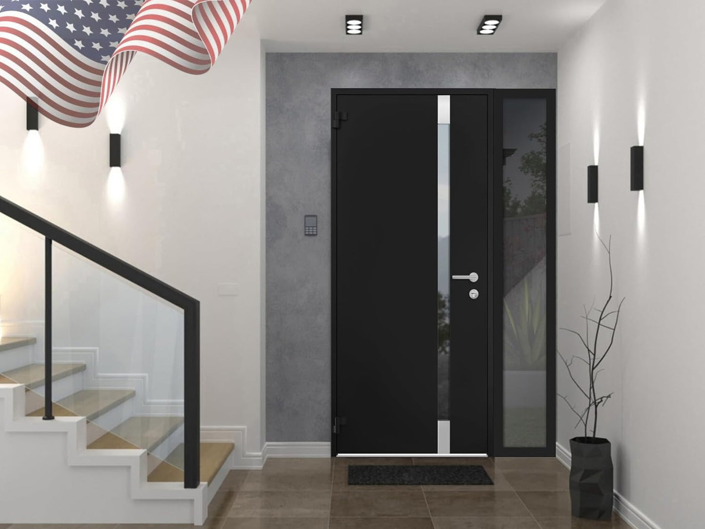 VDOMDOORS Front Exterior Prehung Steel Door/Cynex 6777 Black/Side Exterior Window/Stainless Inserts Single Modern Painted-W32+12" x H80-Right-hand Inswing