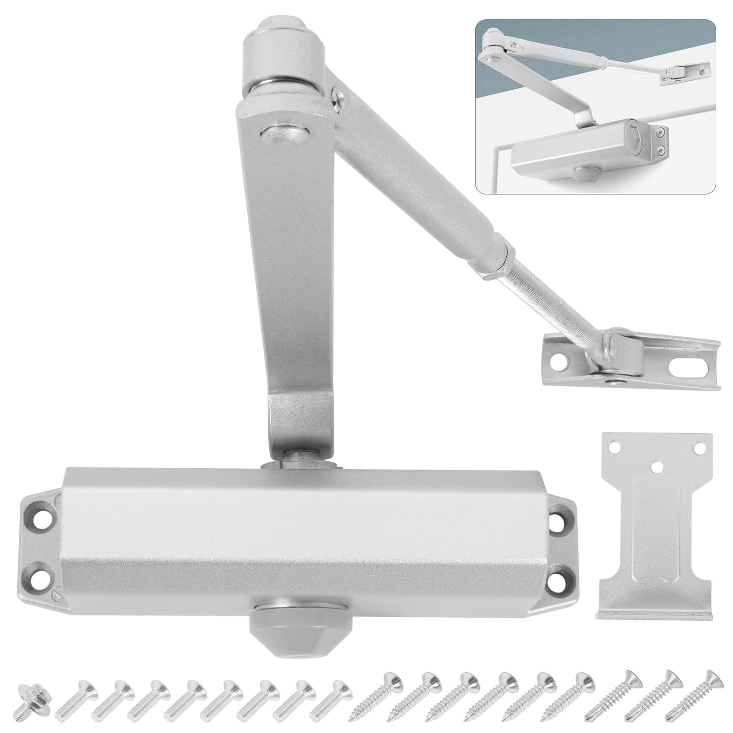 Automatic Door Closer, 3 Spring Hydraulic Closure Suitable for Residential and Light Commercial Use, Quiet and Soft Door Closer, Door Weights 99~143 Lbs Easy Install (Silver)