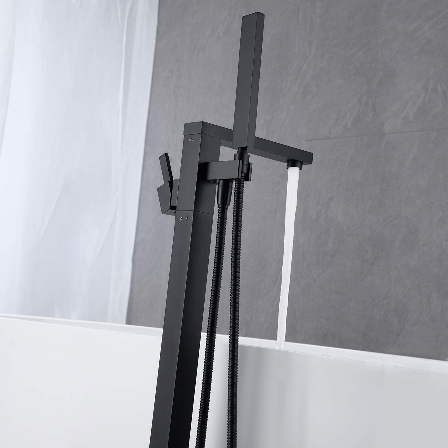 Wowkk Freestanding Bathtub Faucet Tub Filler Black Floor Mount Bathroom Faucets Brass Single Handle with Hand Shower
