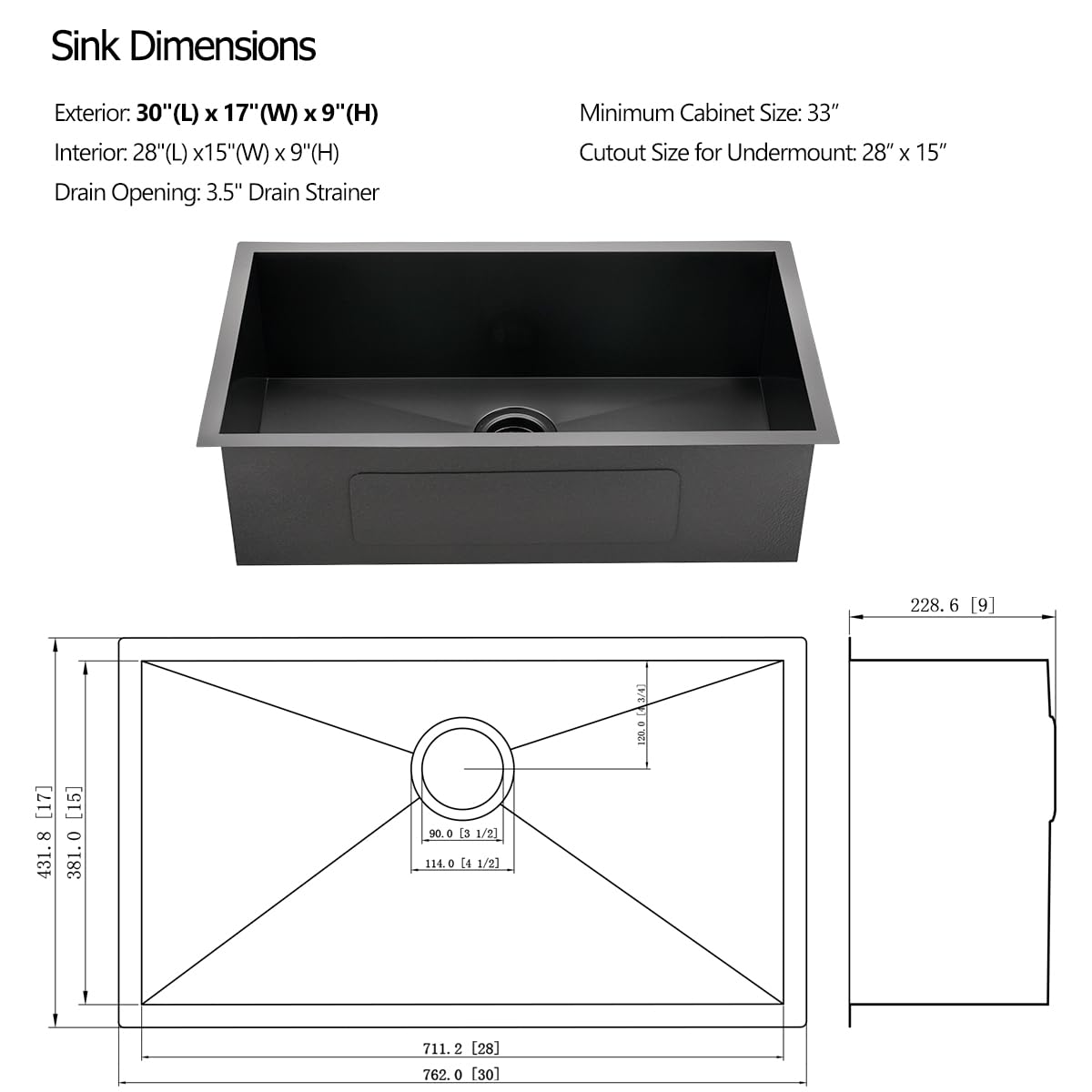 30 Black Stainless Steel Undermount Kitchen Sink, Luckyhorse 30" x 17" x 9" 18 Gauge Gunmetal Black Stainless Steel Undermount Kitchen Sink LH025SQ