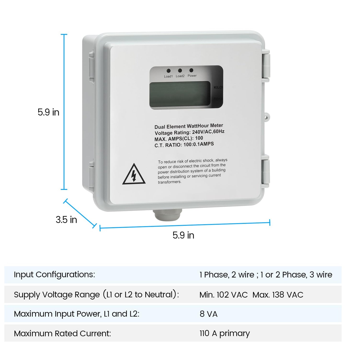 Outdoor Surface Mount Mechanical Counter, Zuomeng 120/240V 2P3W 100A Mini Power Meter Kit with Backlit LCD Display, Includes 2 Solid Core CTs, Precision Dual-Circuit PWH Measurement