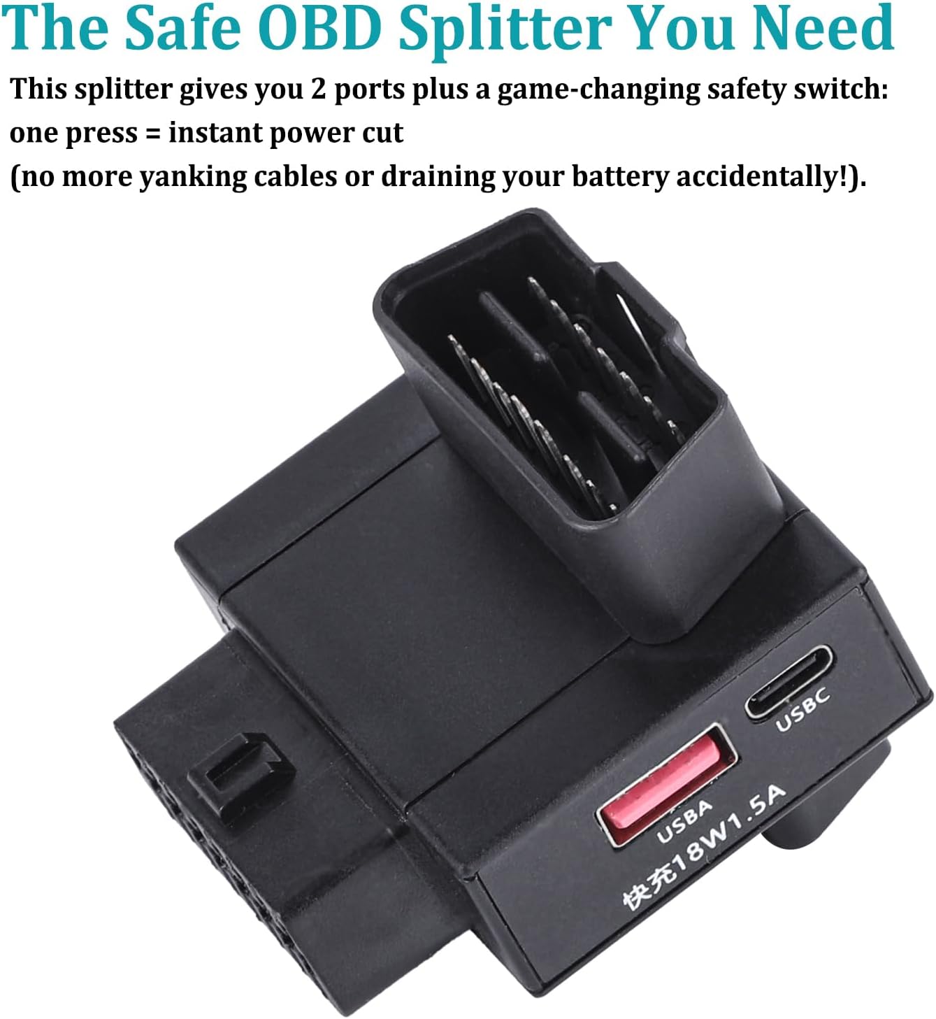 AUTANCTOR OBD2 1-to-2 1-Press 18W 16-Pin Splitter Adapter with Power Cut Switch & USB Fast Charging Car OBD Port