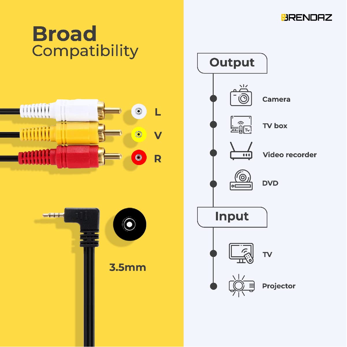 3.5mm 3 6 BRENDAZ to RCA Male Plug Extension Cord for Camcorder Audio/Video AV feet AUX Lead for Smartphones, Tablets