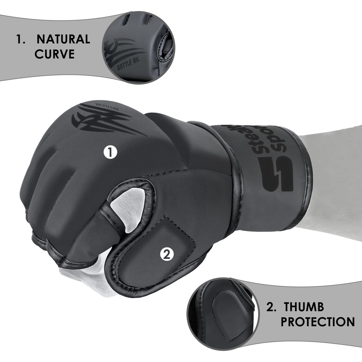 Stealth Sports MMA Gloves Men Women 12mm Thick - PU Leather Grappling Gloves Open Palm Muay Thai Kickboxing Sparring Punching Bag Boxing Training Cage Fighting Martial Arts Mitts (Matte, L)