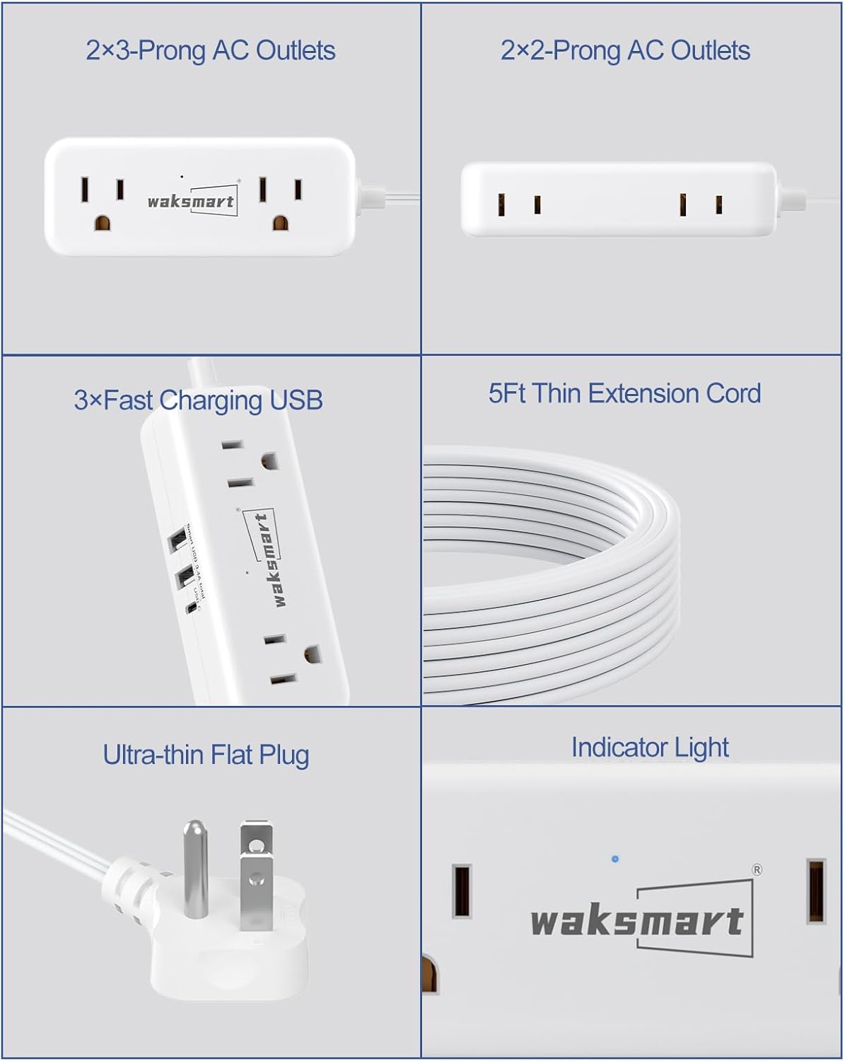 Waksmart 5 4 3 (5V/3.4A 17W), Flat Plug Power Strip - Ft Thin Flat Extension Cord with AC Outlets USB Ports Flat Outlet