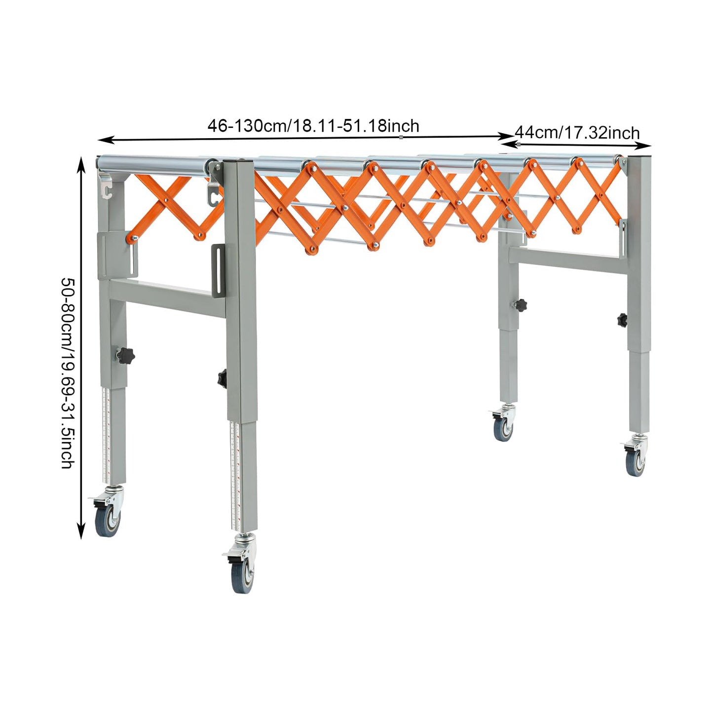 Large Adjustable Conveyor Roller Stand, Length 18"-51", Height 20"-31.5", 17" Wide Expandable Gravity Conveyors with Wheels, 110lbs Capacity, Iron Roller Conveyor Belt for Warehouse Factory
