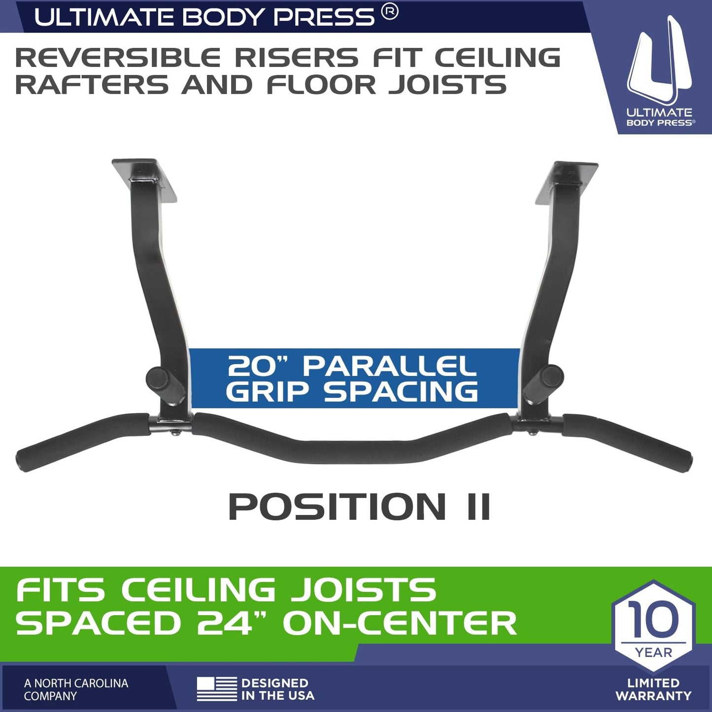 Ceiling Mount Pull Up Bar with Reversible Risers for 16 and 24 Inch Joists with Optimum Grip Spacing by Ultimate Body Press
