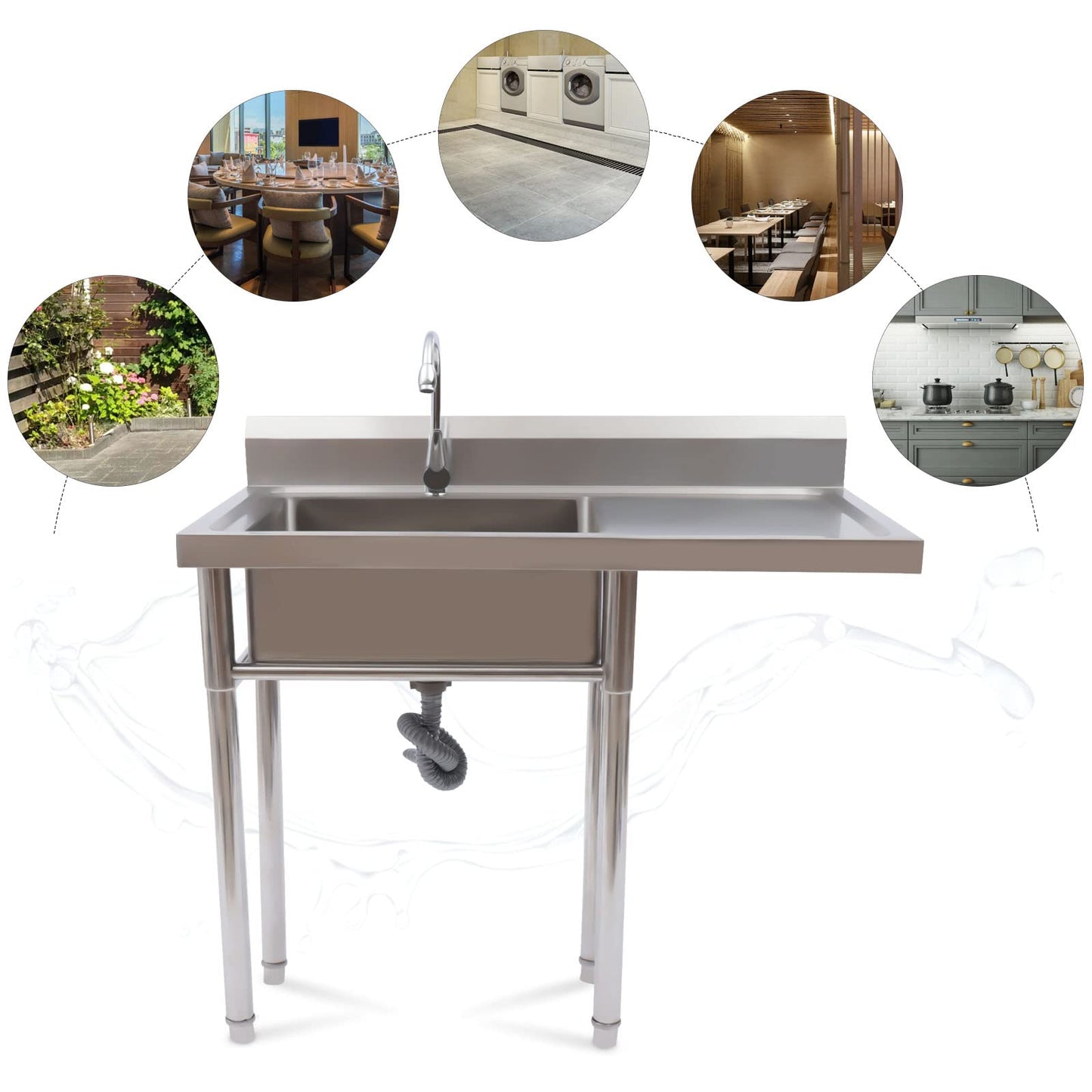 Free Standing Single Bowl Sink,Commercial Restaurant Kitchen Sink Set w/Faucet&Drainboard,1 Compartment Utility Washing Hand Basin w/Workbench&Storage Shelves for Indoor Outdoor (One Bowl)