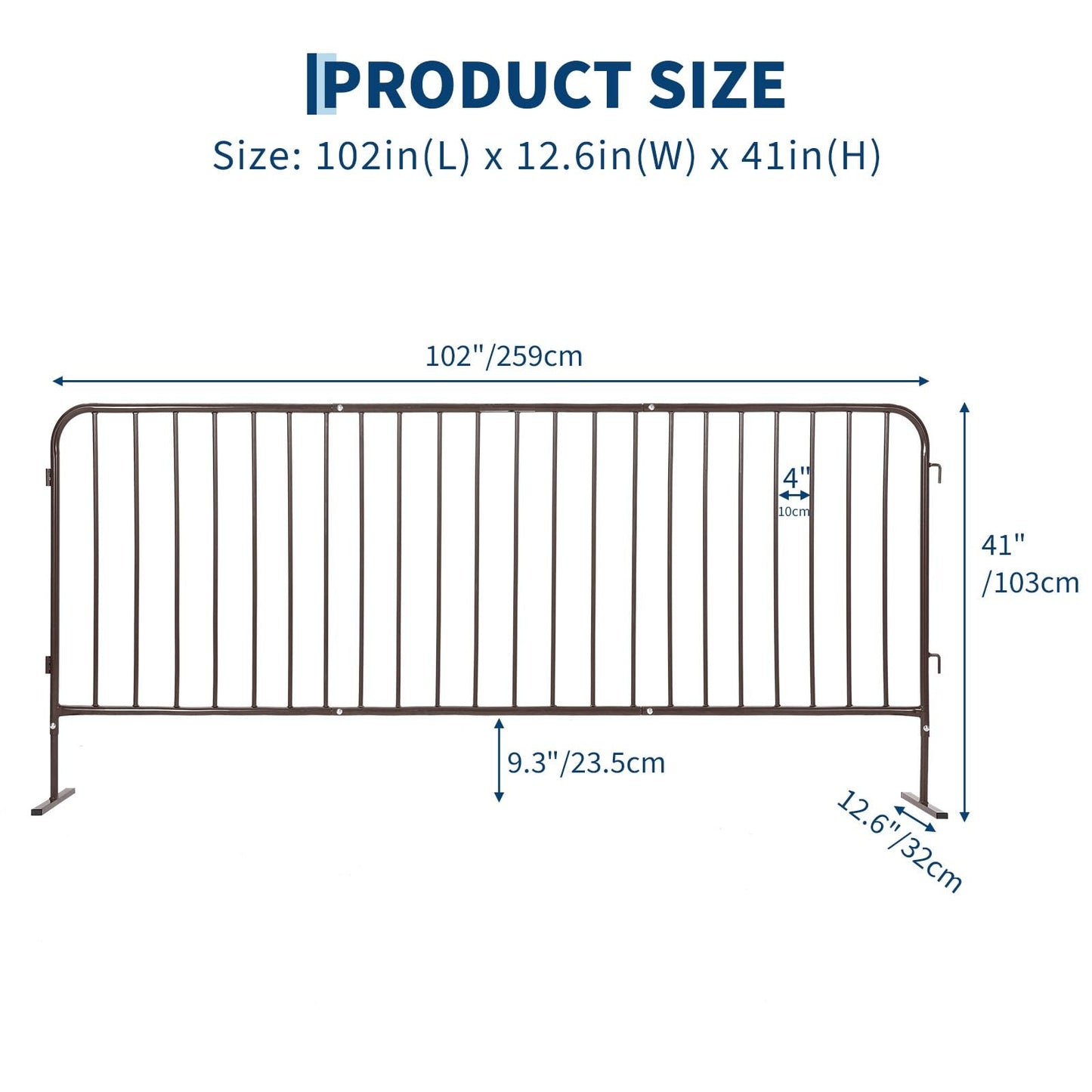Heavy Duty Interlinked Steel Crowd Control Barricade – Removable Flat Feet, Durable Powder-Coated, Weather Resistant Safety Barrier for Events, Construction, Parking, Pedestrian Zones – 8.5FT, Brown