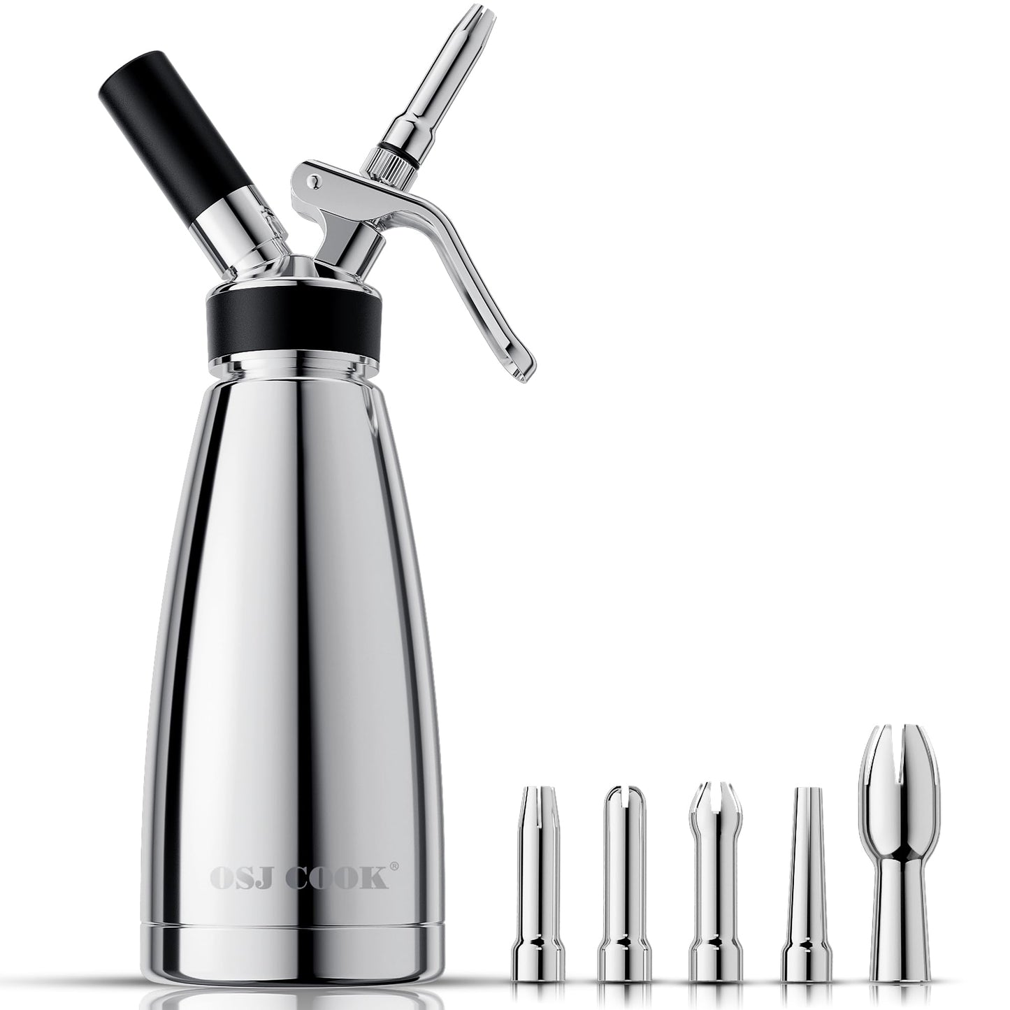 Whipped Cream Dispenser Stainless Steel Keep Warm and Cold,500mL/1 Pint Double Wall Thermos Whipped Cream Maker,5 Various Stainless Decorating Nozzles,1 Cleaning Brush,N2O Chargers NOT Included