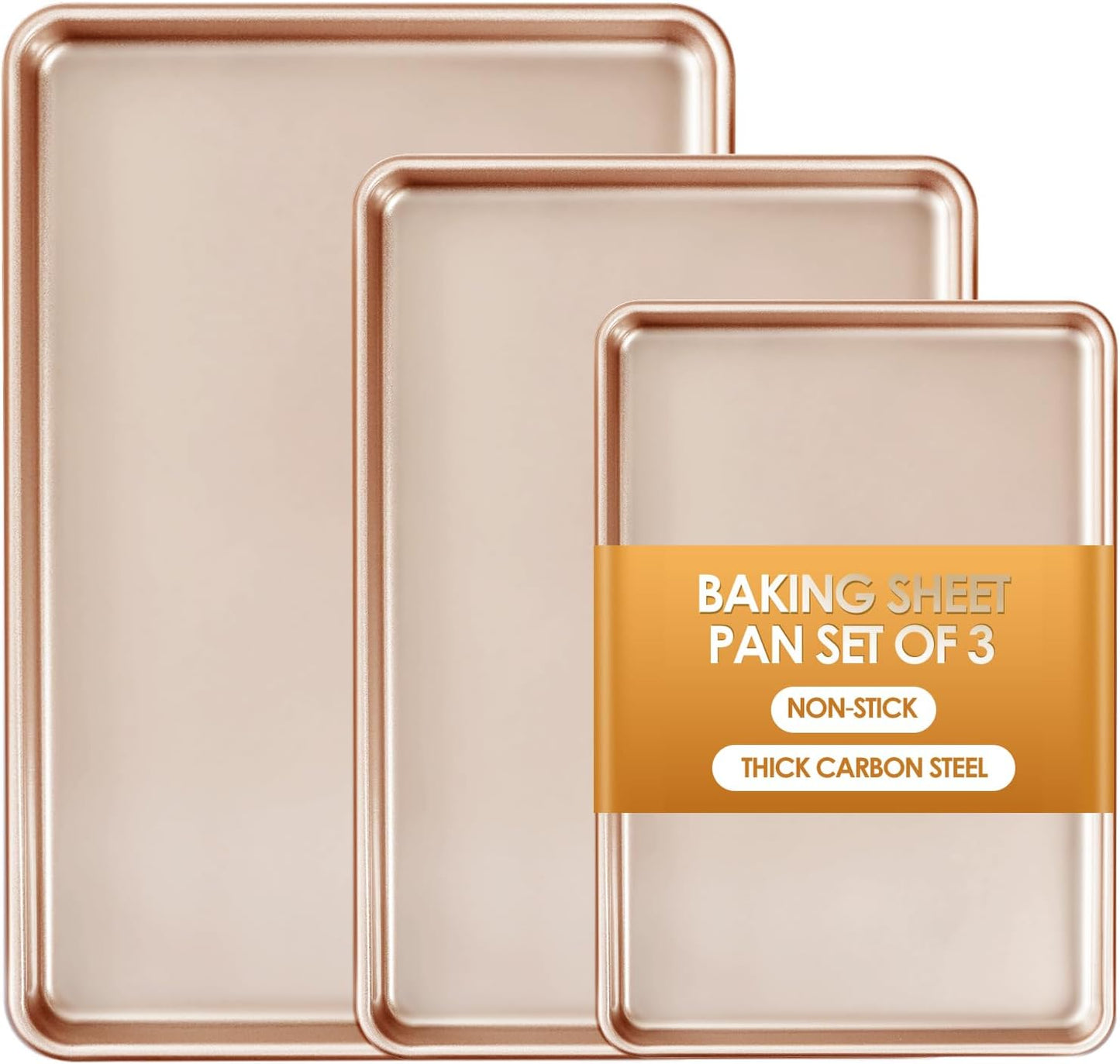 Skiennix Baking Sheet Pan Set - Nonstick Cookie Sheets for Easy Baking | Heavy Duty Rose Gold, 3-Piece Set