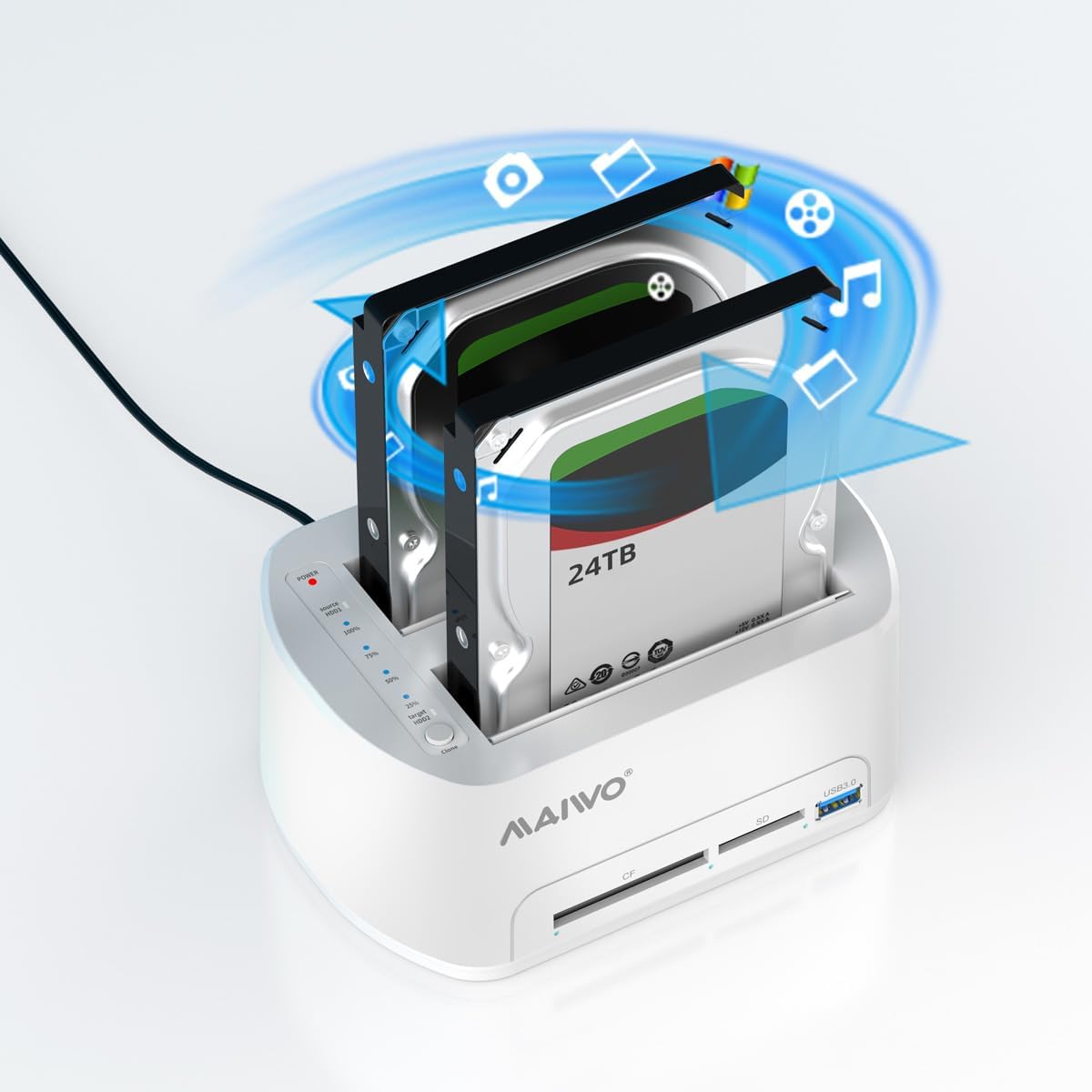 MAIWO 3.0 2.5 3.5-inch 2*24TB, SATA to USB Dual-Bay Hard Drive Docking Station with Offline Clone for & HDD/SSD, Hard