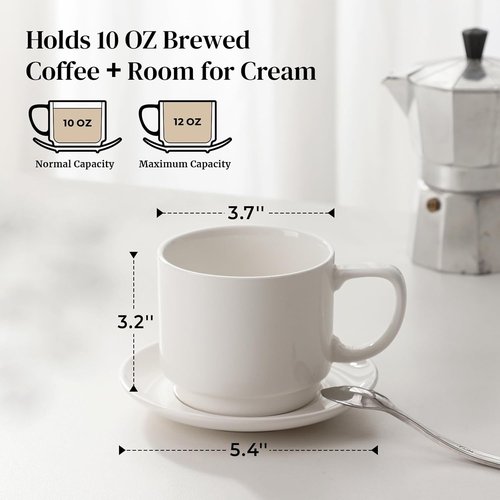 DOWAN 12oz Coffee Mugs - White Ceramic Cappuccino Cup & Saucer Set of 4 | Microwave Safe for Home & Office