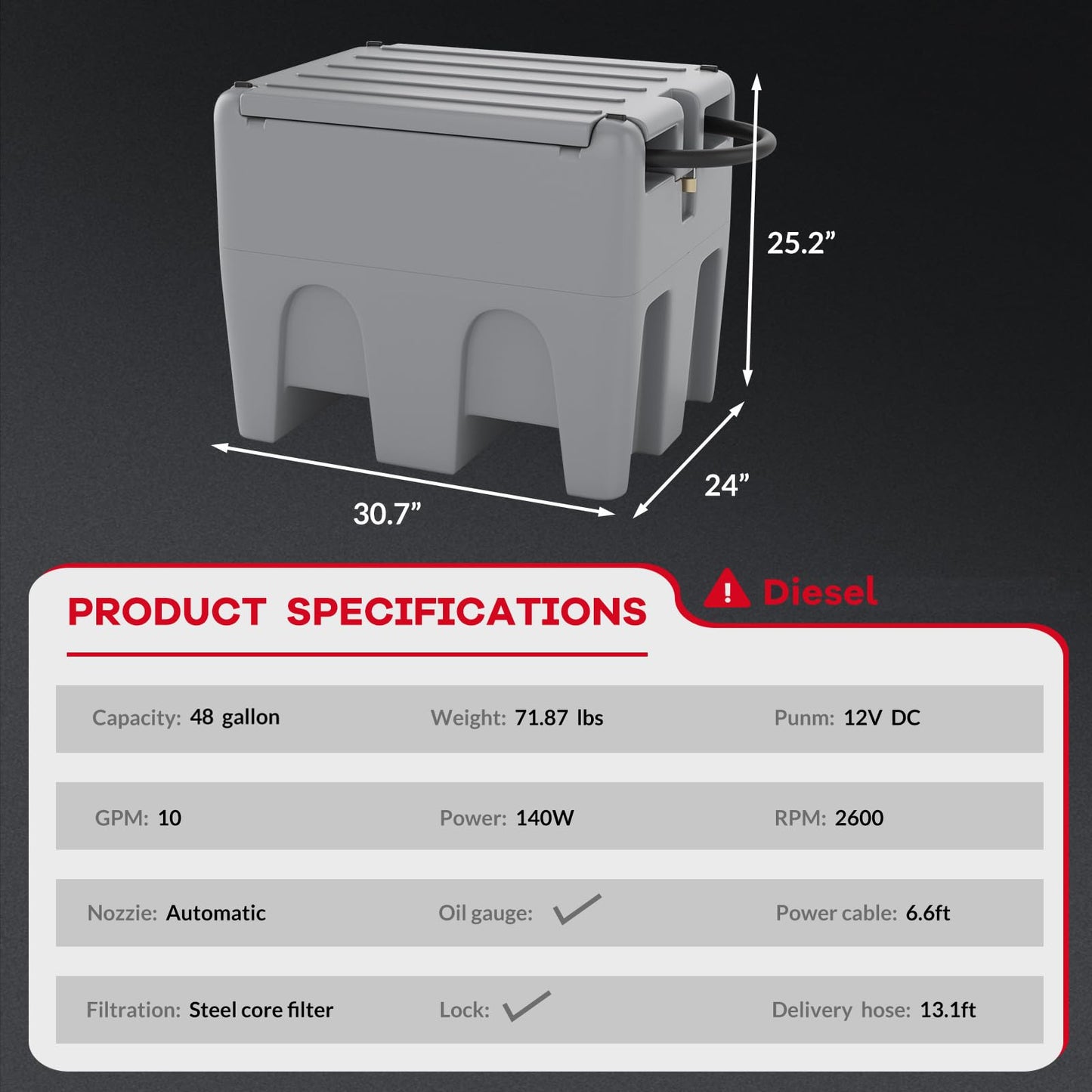 48 Gallon Portable Diesel Fuel Tank with 12V Transfer Pump, 10 GPM Flow, 13.1ft Hose & Auto Shut-Off Nozzle, Heavy-Duty Diesel Transfer Tank for Truck, Generator, Farm & Construction Use - Gray