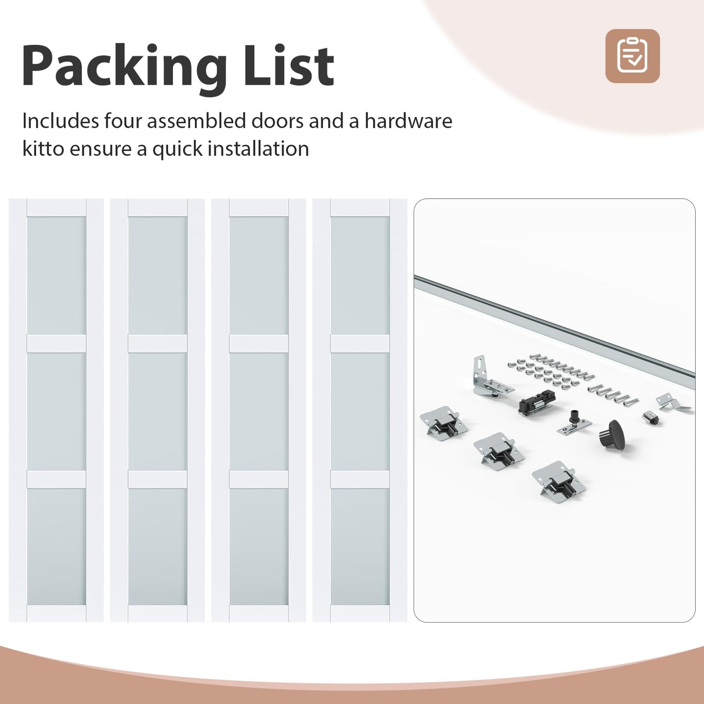 EaseLife Preassembled Bi-Fold Doors, for 60"x 80" Opening,Tempered Frosted Glass Closet Folding Barn Door with Concealed Hardware Kit,MDF Wood Panel,Water-Proof PVC Surface,Easy Installation