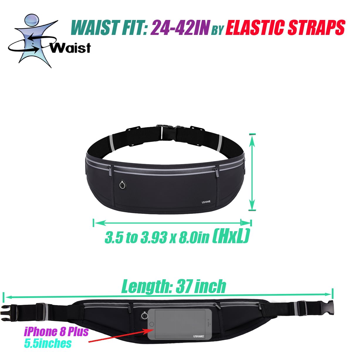 USHAKE Slim Running Belt, Workout Fanny Pack for Men Women,Exercise Waist Pack for Apple iPhone Holder, Runner Belt for Running Walking Cycling Camping Gym Black