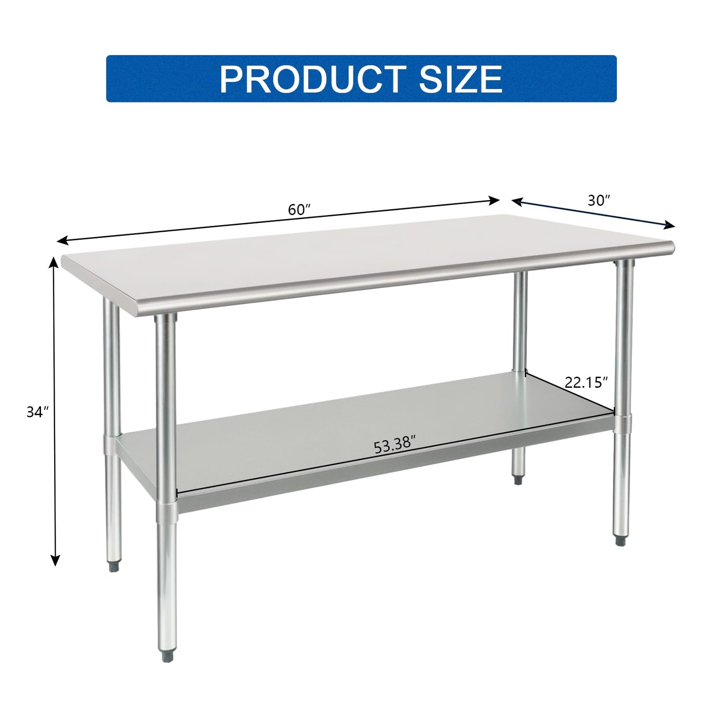 HARDURA Stainless Steel Table 30X60 Inches with Undershelf and Galvanized Legs NSF Heavy Duty Commercial Prep Work Table for Restaurant Kitchen Home and Hotel