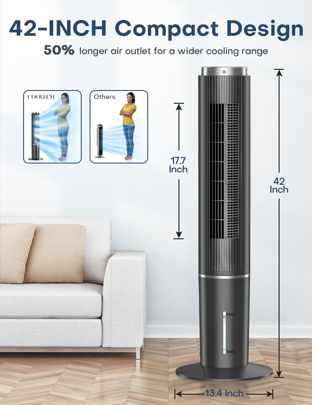 COOLECH 42 INCH Windowless Portable Air Conditioners w/4 Modes & 3 Speeds, 1-Gal Tank for 15H Cooling, 12H Timer, Swamp Cooler Air Conditioner No Window Needed, 90° Oscillating AC Unit for Bedroom