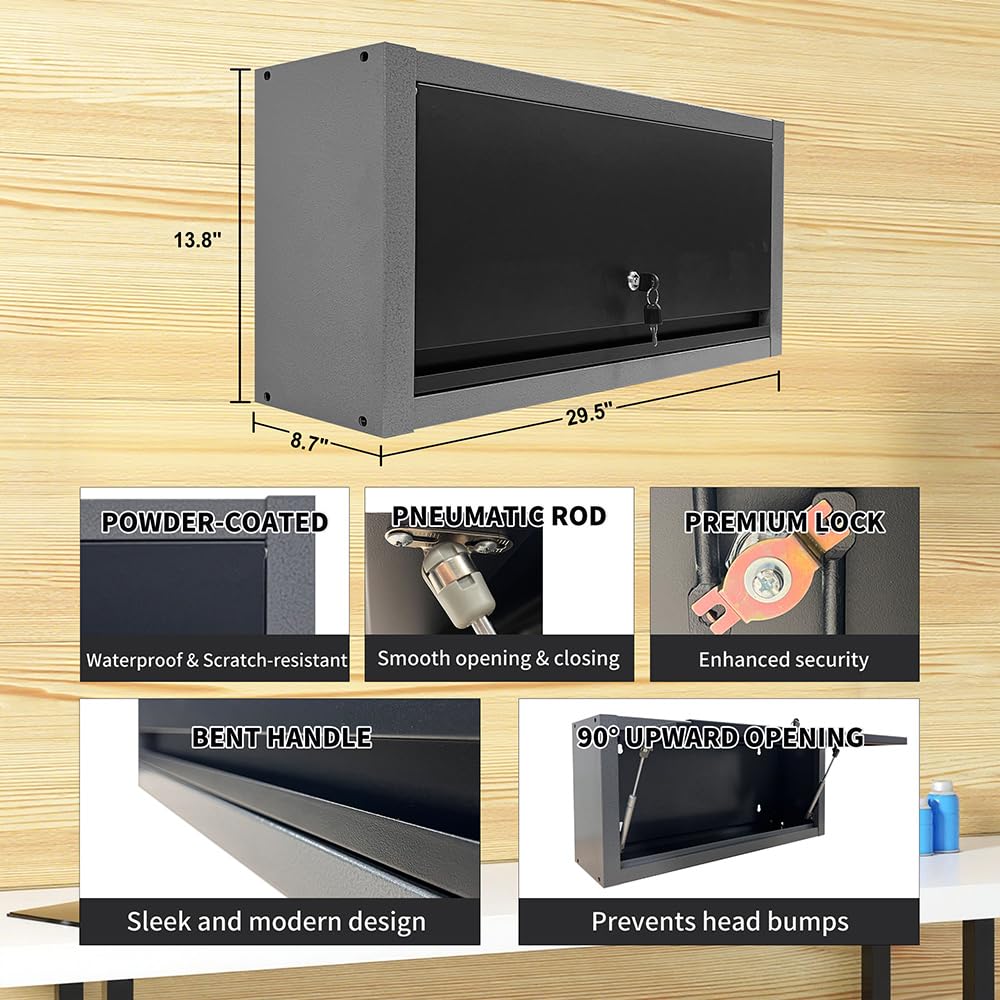 JZD Small Metal Wall Mounted Storage Garage Cabinet with Flip Up Door, Black & Grey