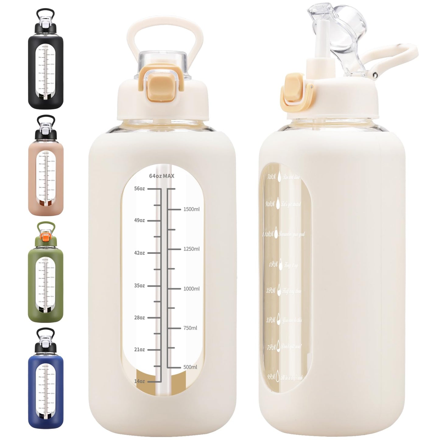 chunmo 64 oz Glass Water Bolttles with Straw Half Gallon Large Motivational Water Bottle with Time Marker Sports Water Bottles with Silicone Sleeve and Handle Lid Water Jug for Gym Workout