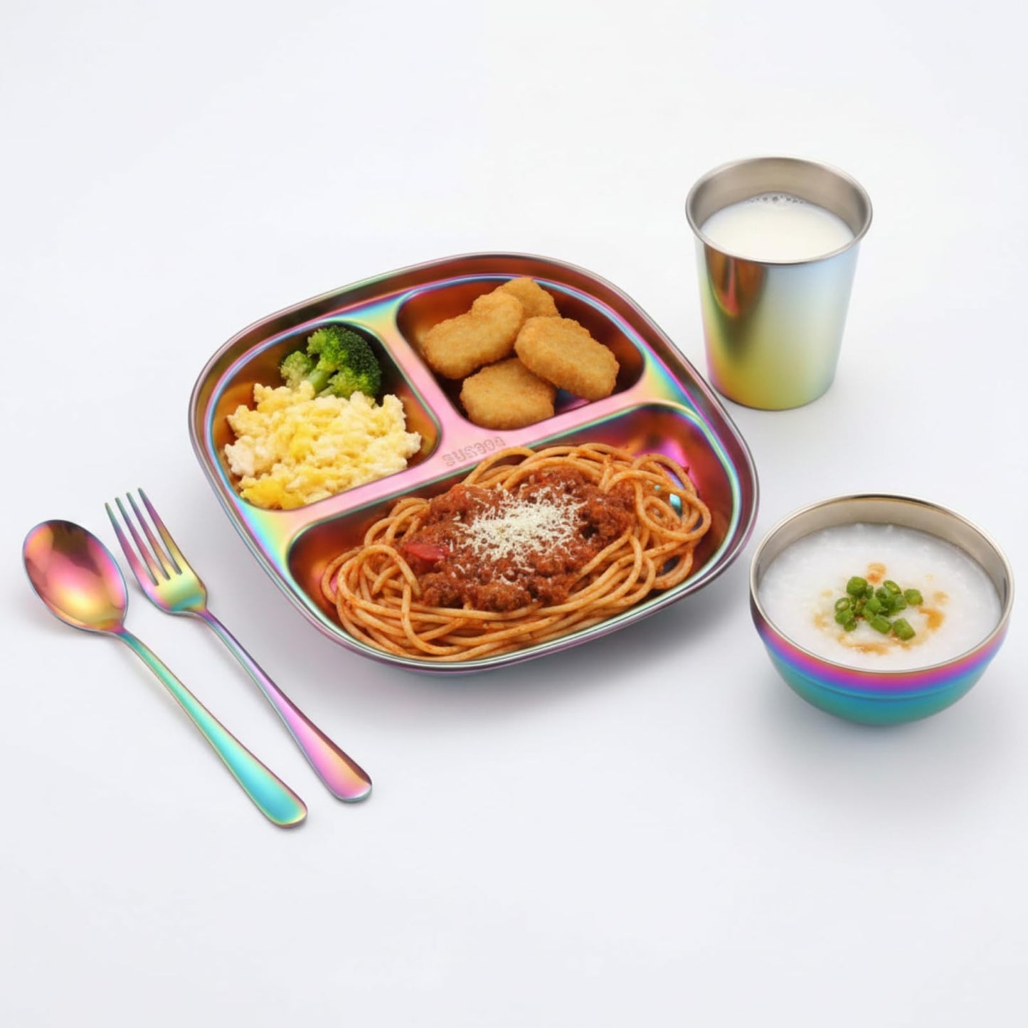 Tioncy 5 Pcs Stainless Steel Kids Dinner Set, 1 Bowl, 1 Balanced Bites Divided Plate, 1 Cup, 1 Spoon and 1 Forks, Stainless Steel Lunch Plates Dinnerware Set for Kids Toddlers(Classic)