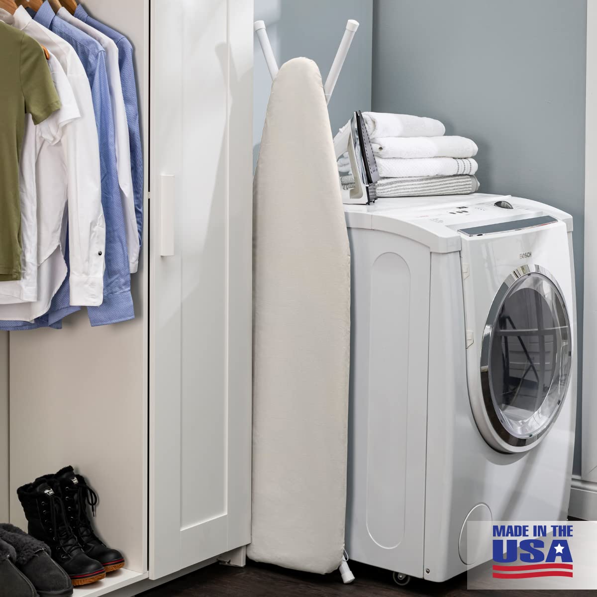 Full Size Ironing Board Made in USA – Beige by Seymour Home Products 4 Heavy-Duty Steel Legs Perforated Top for Steam Includes Cover & Pad Sturdy, Foldable Iron Board for Home & Laundry