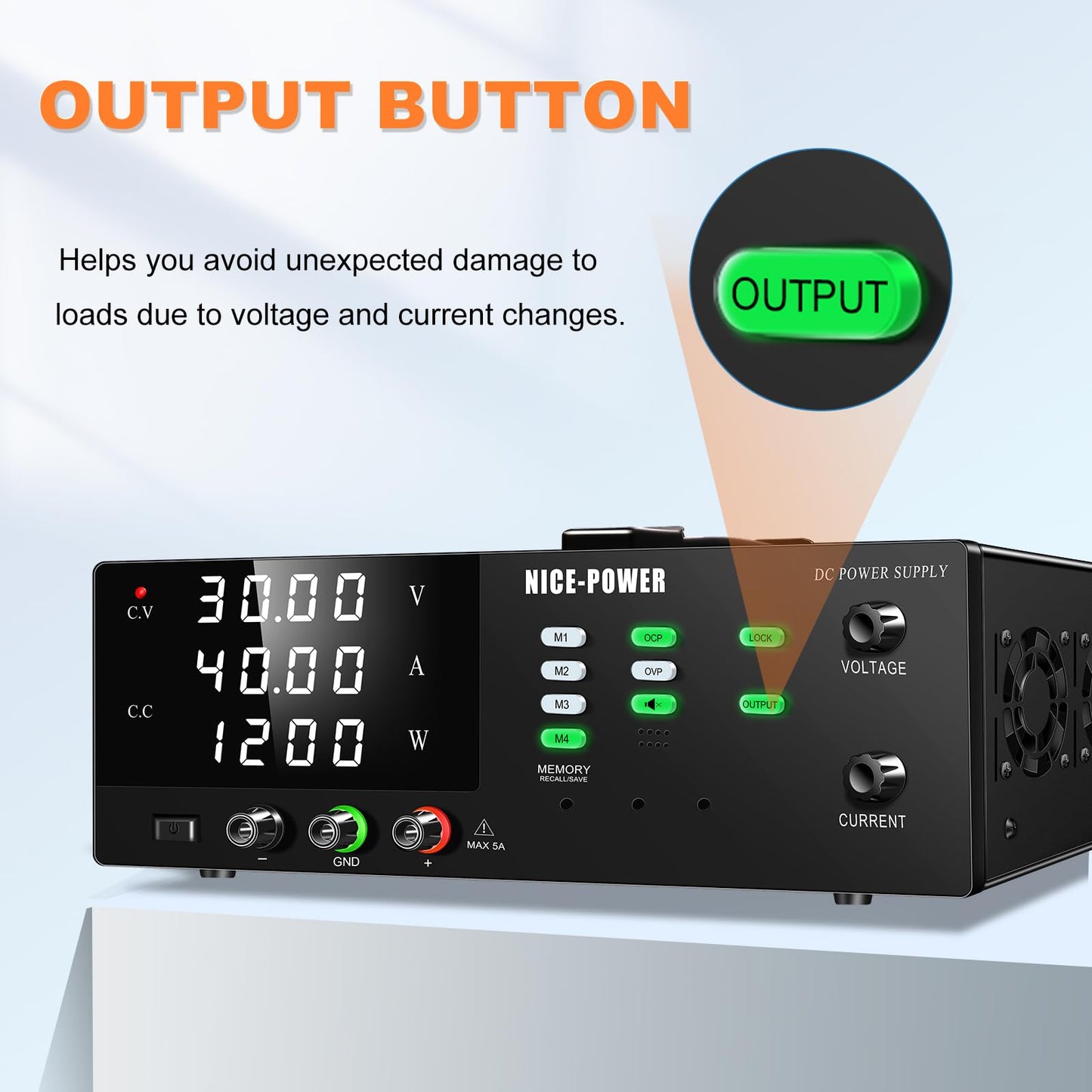 NICE-POWER DC Power Supply Variable, 30V 40A 1200W High Power Switching DC Regulated Bench Power Supply with Output Switch, OCP & OVP, Memory Function, Encoder Knob, 4-Digit LED Display, Lock Button