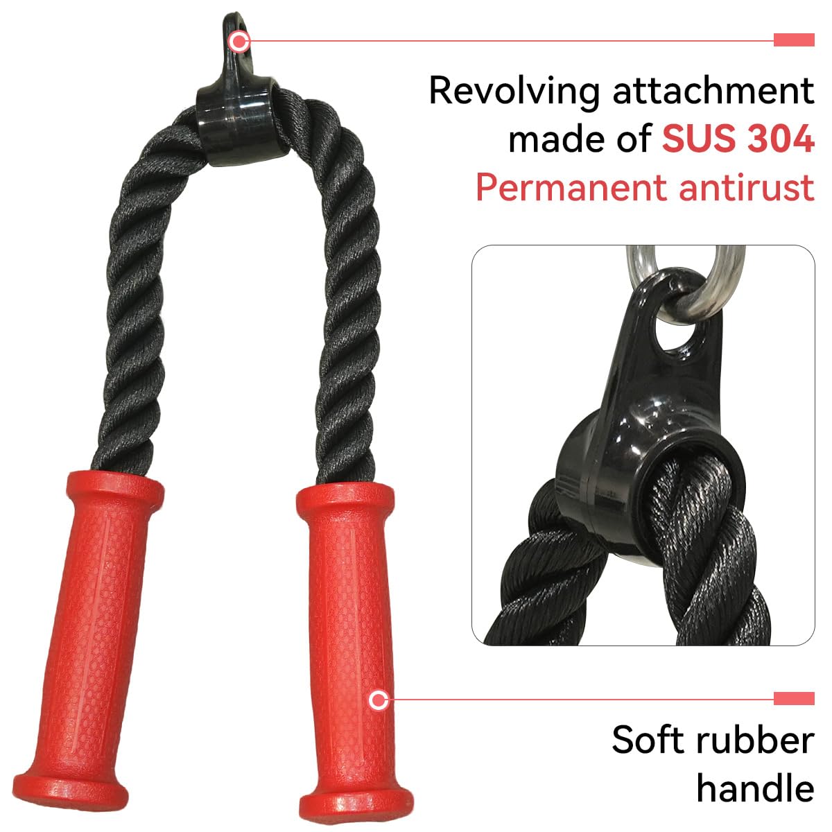 CYBEOE Ergonomic Tricep Rope, 27 Inch Red Grip Non-Slip Gym Rope Cable Attachment Wrist Relief Workout Rope Pull Down Attachment for Cable Machine (70cm)