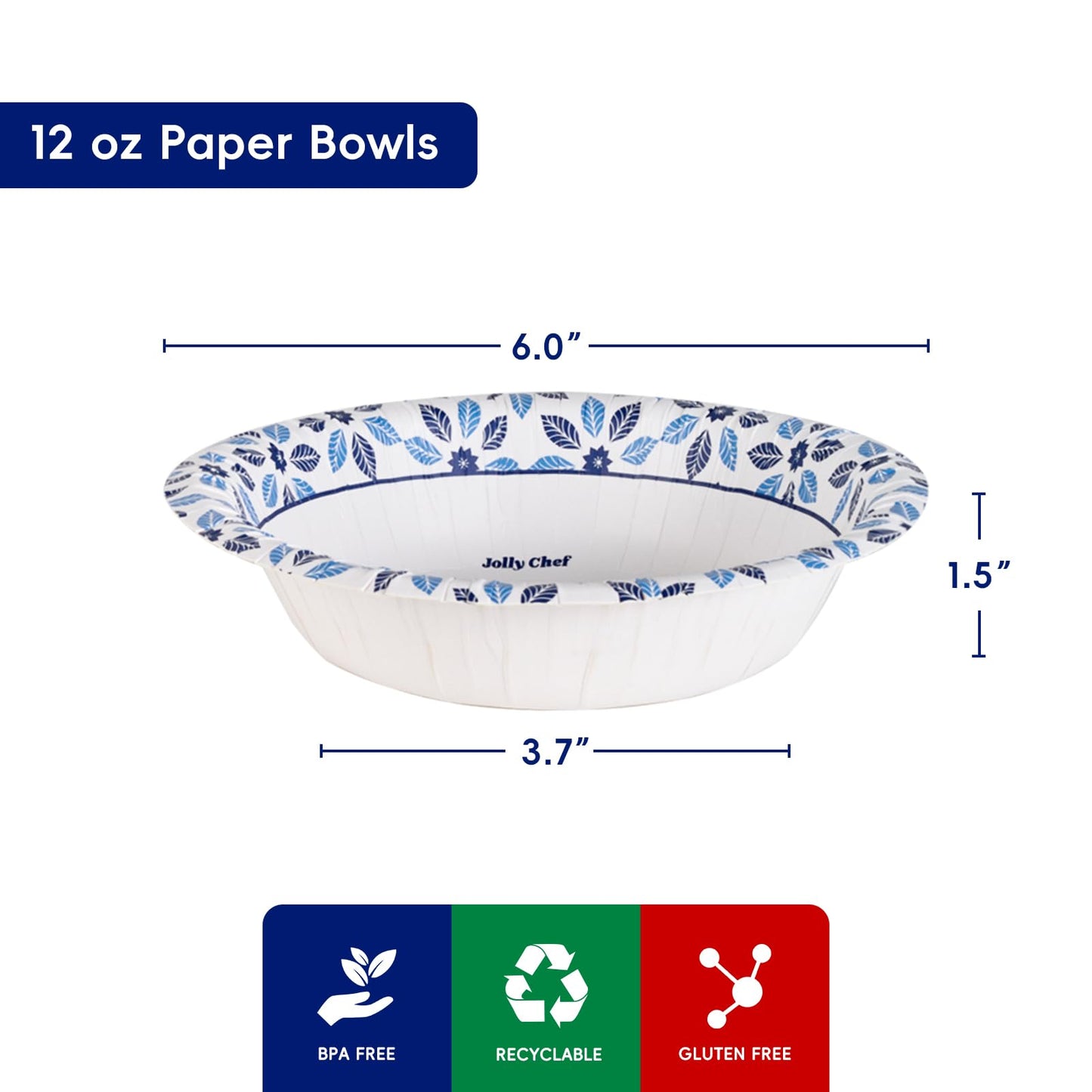 JOLLY CHEF 156 Count Paper Bowls 12 oz Soak Proof, Heavy Duty Printed Disposable Small Bowls Bulk for Dinner or Thanksgiving