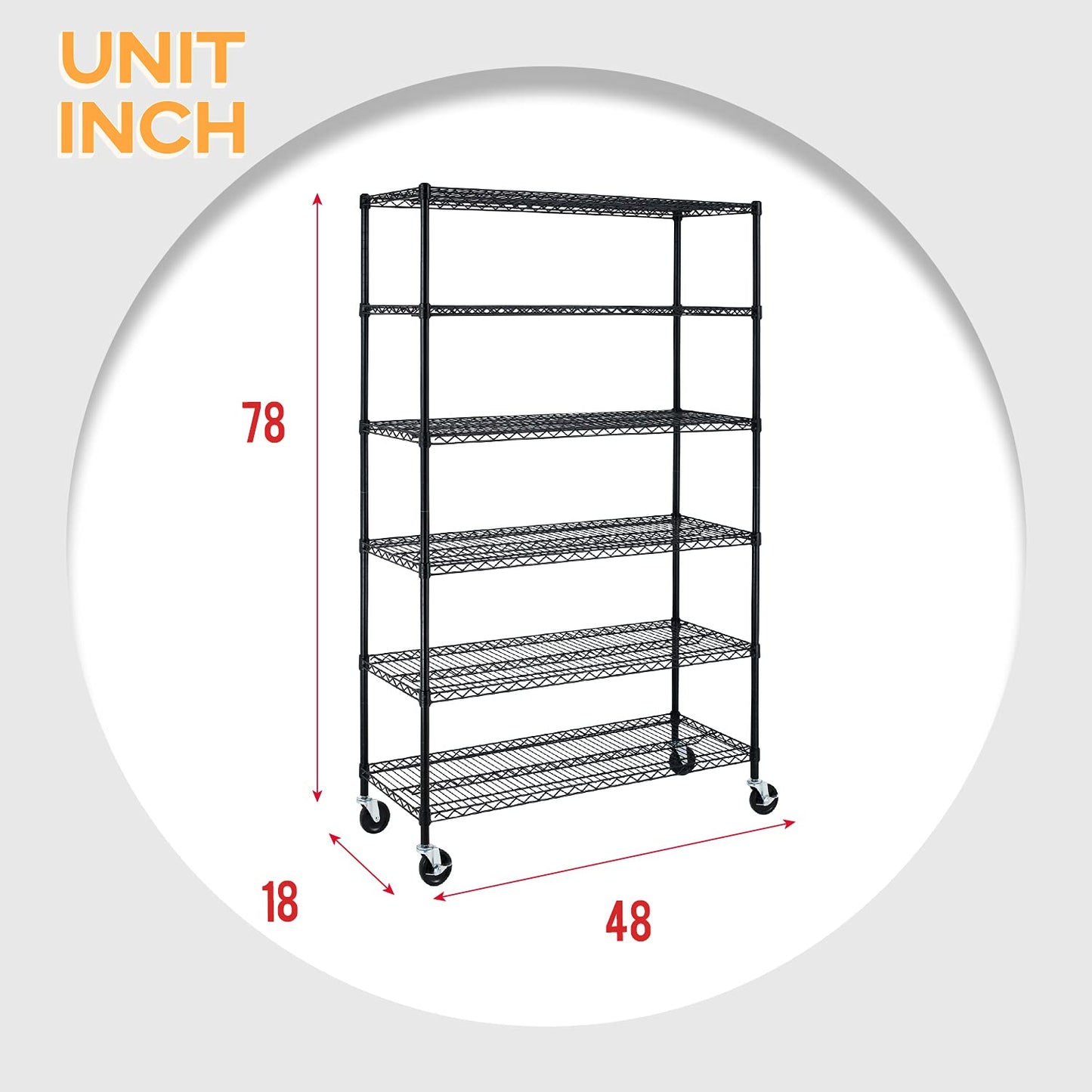 BestMassage Wire Shelving Unit Heavy Duty Garage Storage Shelves Large Metal Shelf Organizer 6-Tier Height Adjustable Commercial Grade Utility Steel Rack with Wheels,18 x 48 x 72 (Black)