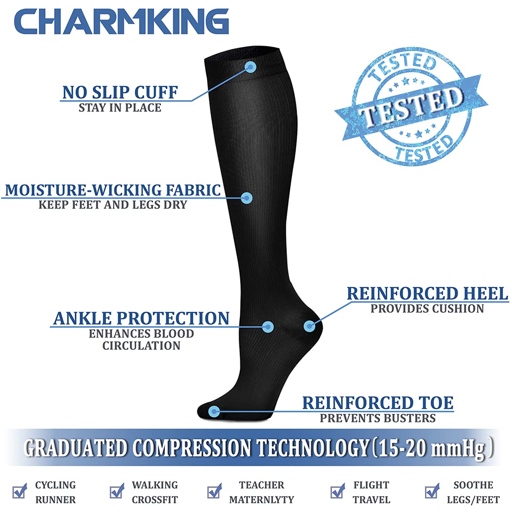 CHARMKING Compression Socks for Women & Men (8 Pairs) 15-20 mmHg Graduated Copper Support Calf Socks are Best for Pregnant, Nurses - Boost Performance, Circulation, Knee High Wide Calf(L/XL, Black)