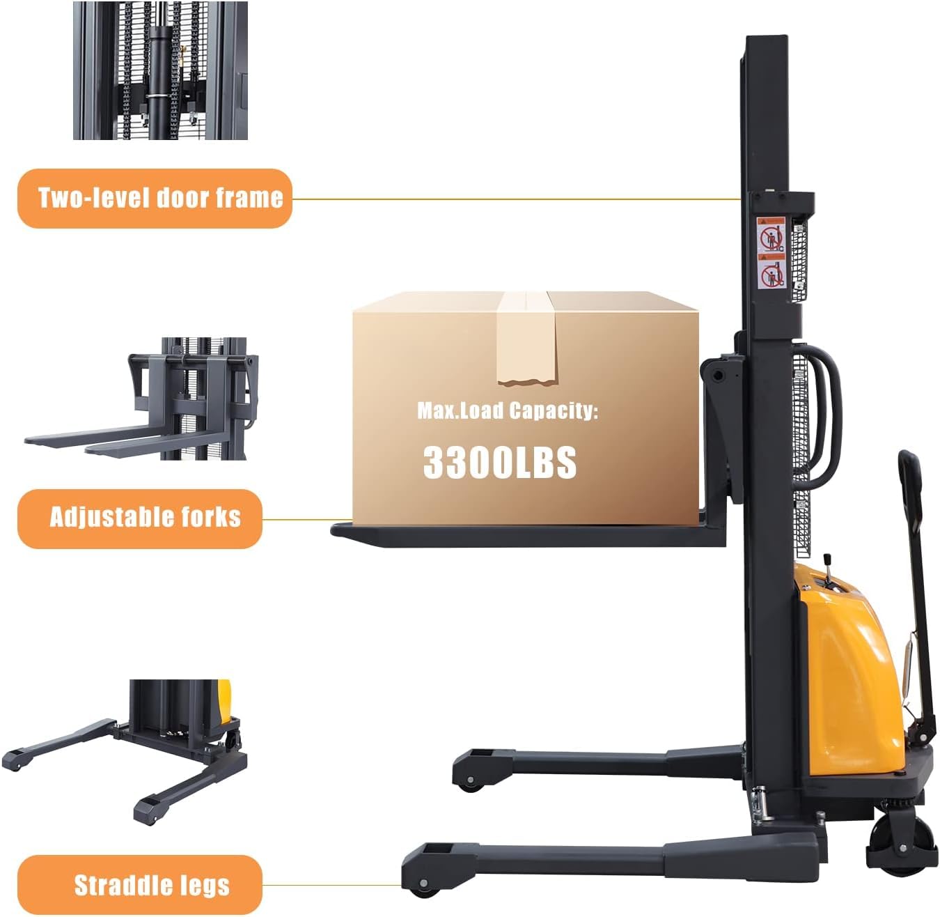 APOLLO Semi-Electric Stacker Pallet Jack Straddle Legs Forklift 3300lbs Capacity 98" Lifting Height with Adjustable Forks for Material Lift