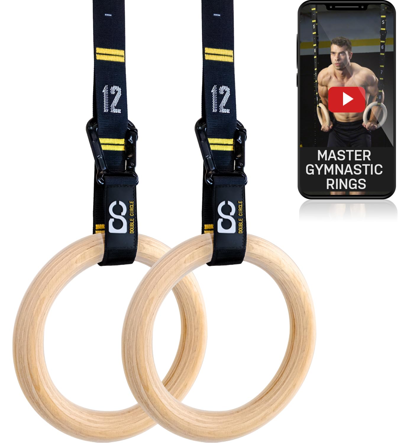 Double Circle Wood Gymnastics Rings with Quick Adjust Numbered Straps and Exercise Videos Guide - Full Body Workout Rings, Calisthenics, Home Gym