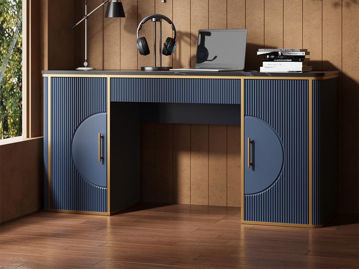 RNLRNL 60" Fluted Computer Desk, Wooden Long Home Office Writing Desk with Drawer & Storage Cabinet, Modern Writing Table with Charging Station, High Executive Desk for Office，Bedroom, Navy Blue