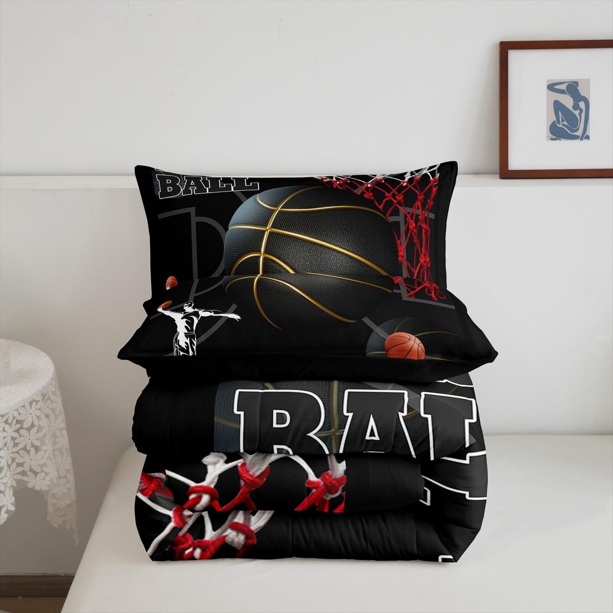 Basketball Room Bedding for Boys Sport Dunk Basketball Comforter Set Queen Size for Kids Teens, 3D Black Ball Printed Bedding Comforter Sets Sport Game Ball Theme Duvet Insert Basketball Player Quilt