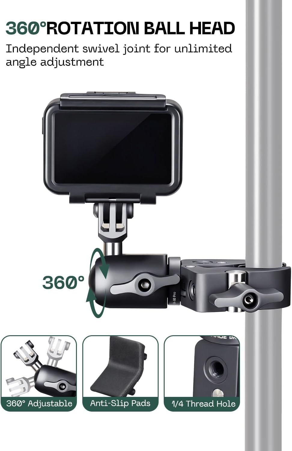 FANAUE 1" Action Camera Universal Ball Adapter with Handlebar Base Mount Strong Rod Clamp,B Size Ball Compatible Gopro