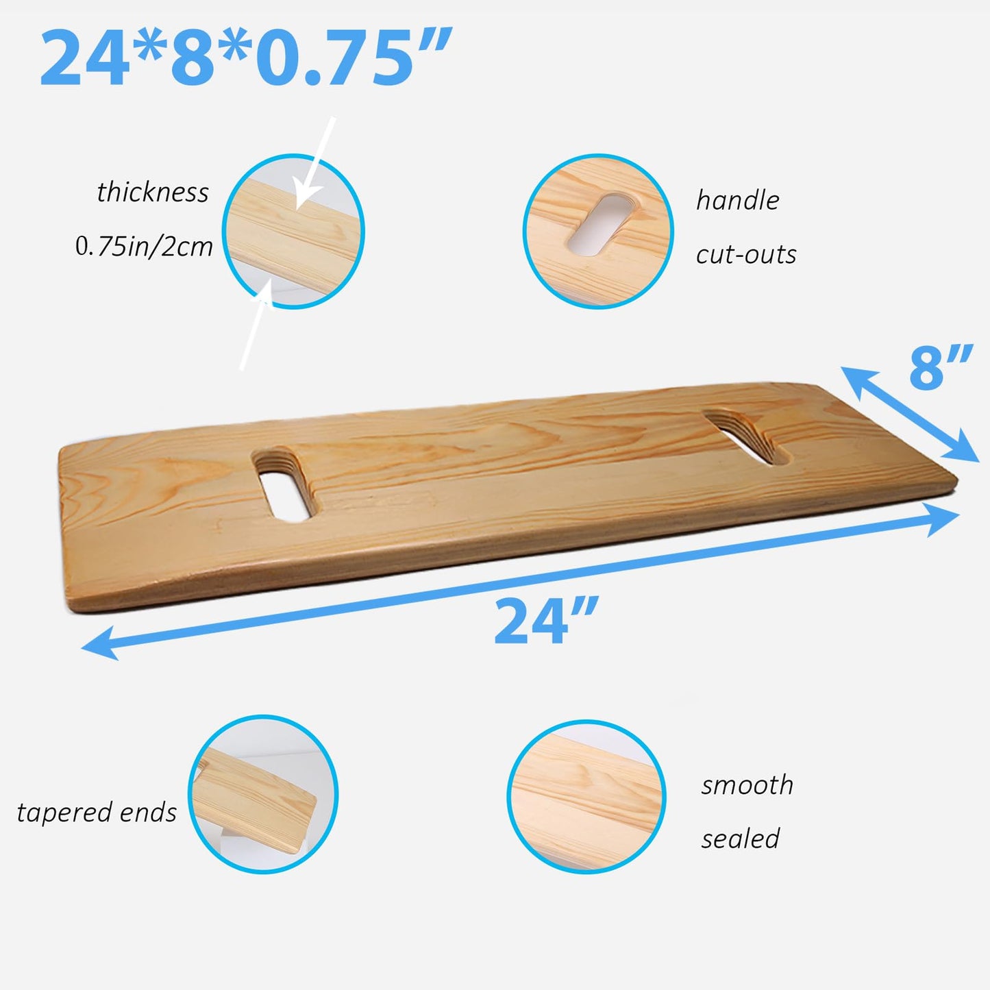 Slide Transfer Board with Handles,Made of Heavy-Duty Wood,Mobility Aid for Senior and Handicap,Load Capacity Up to 500 lbs,24×8×0.75" (24 * 8 * 0.75)